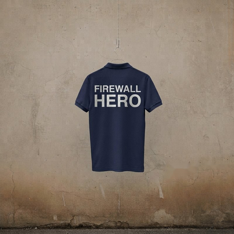 Polo shirt printed with 'Firewall Hero' on the back