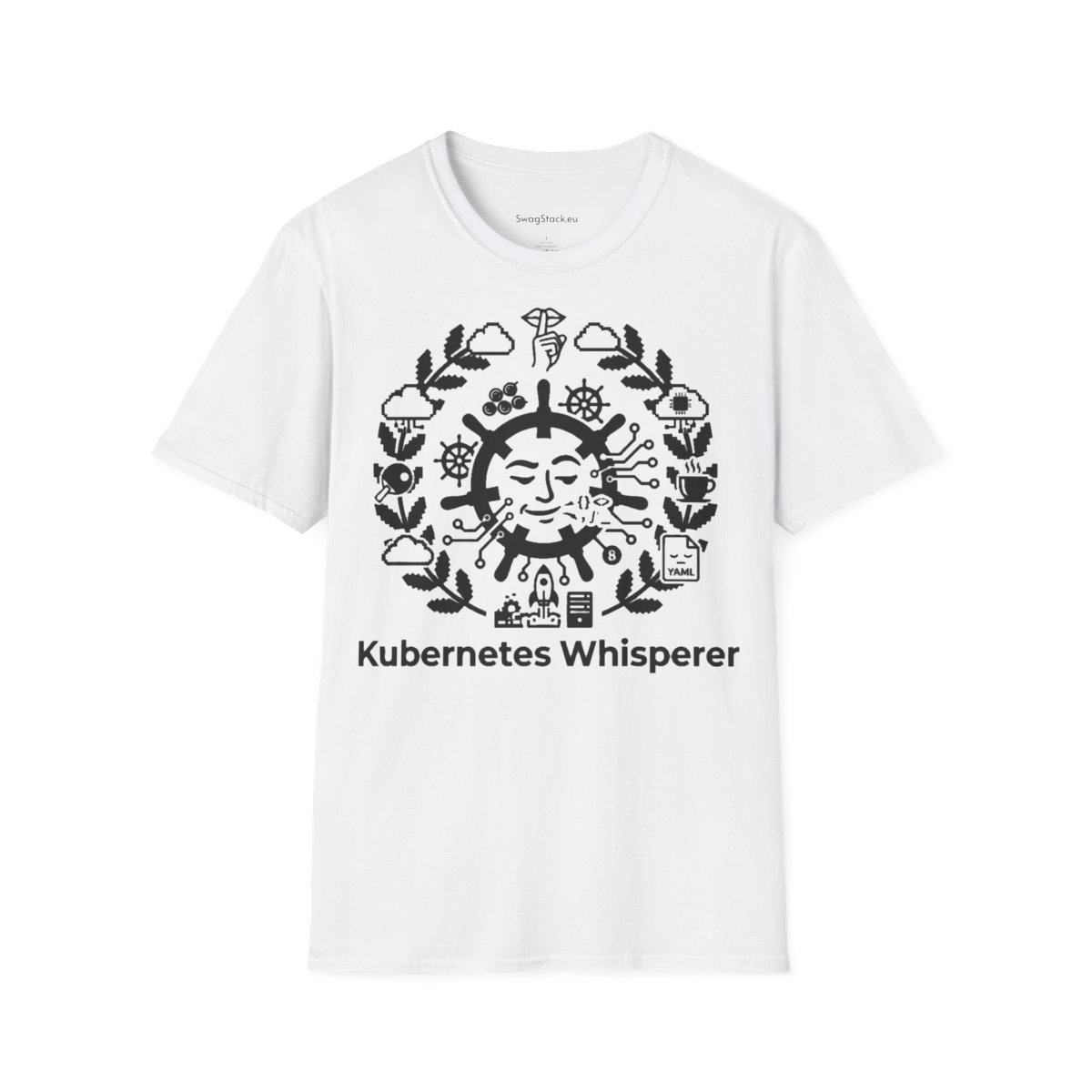 T-shirt printed with 'The Kubernetes Whisperer' on the chest