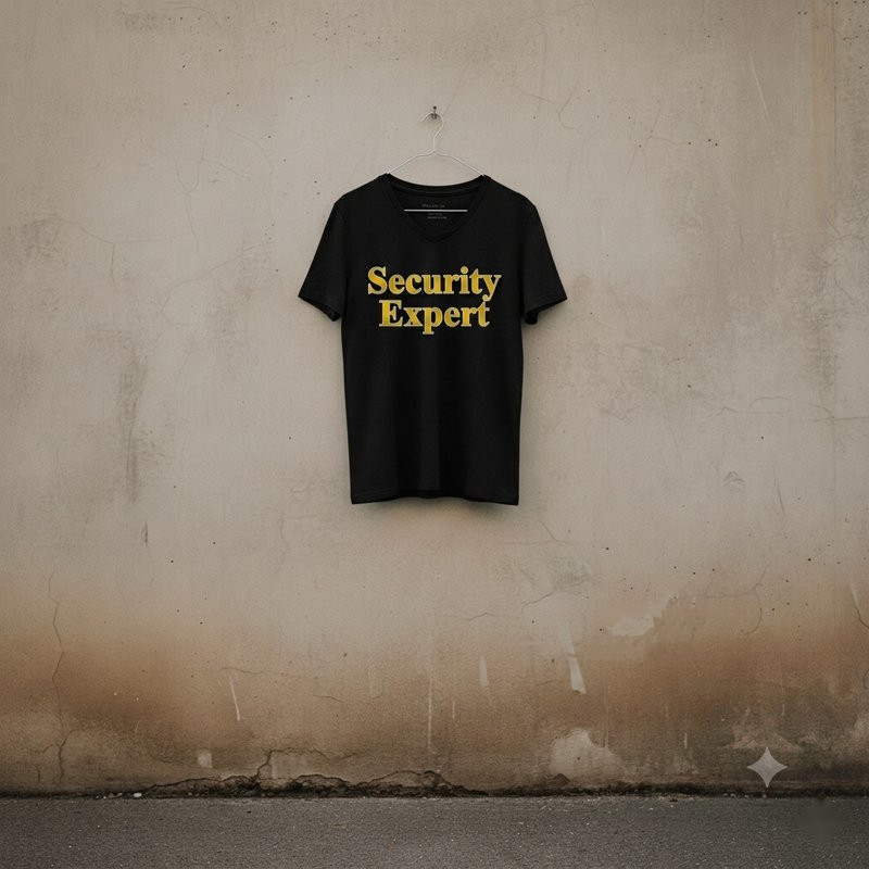 T-shirt printed with 'Security Expert' in gold lettering